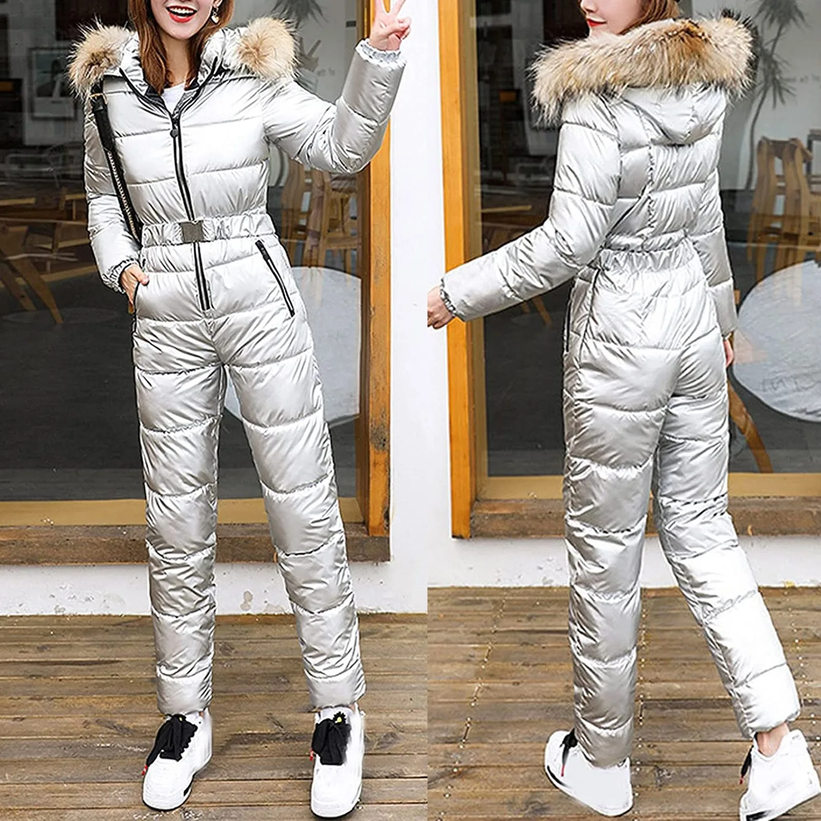 One Piece Ski Suit Women Jackets Winter Hooded Parka Jumpsuit Women Cotton bodysuit Sashes Jumpsuits Zipper Overalls Tracksuits