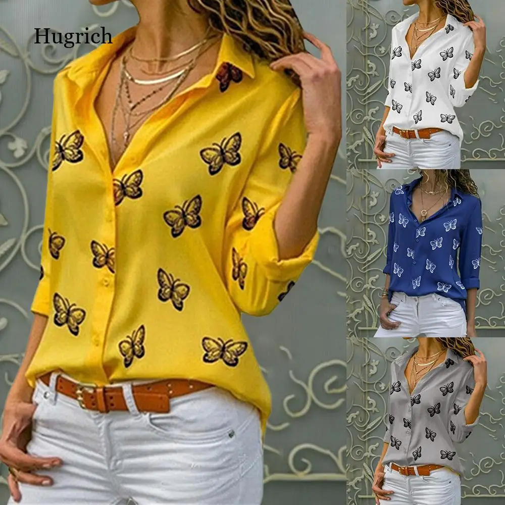

Женская блузка с принтом бабочек, Повседневная Свободная блузка с длинным рукавом и V-образным вырезом, на пуговицах, весна-лето 2021