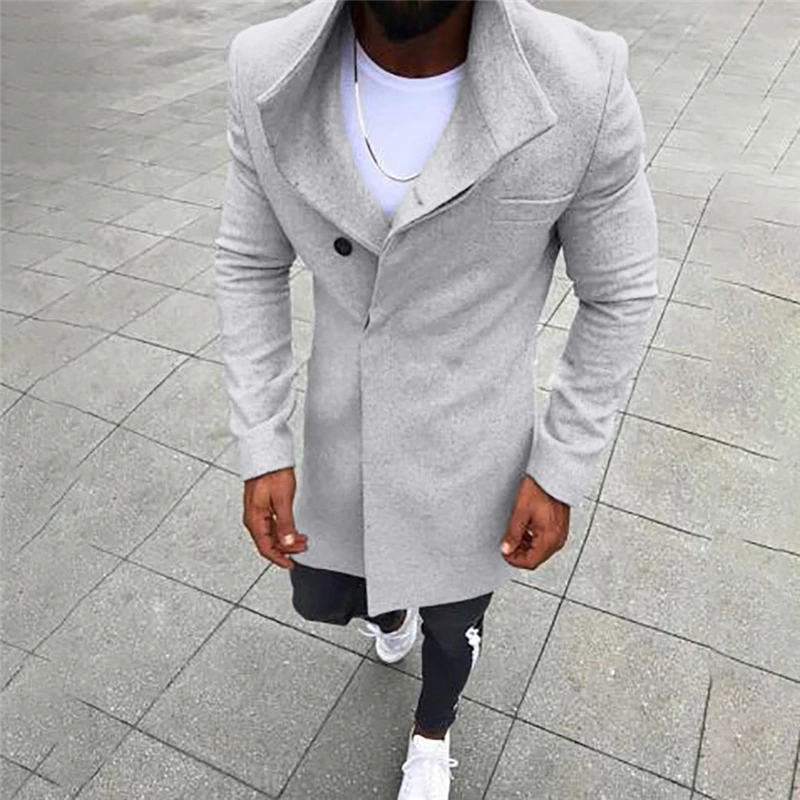 Light Grey Модная мужская шерстяная куртка на пуговицах с длинными рукавами, ветровка, шерстяное пальто, осенне-зимнее пальто, мужское тонкое длинное пальто - Цвет: Light Grey