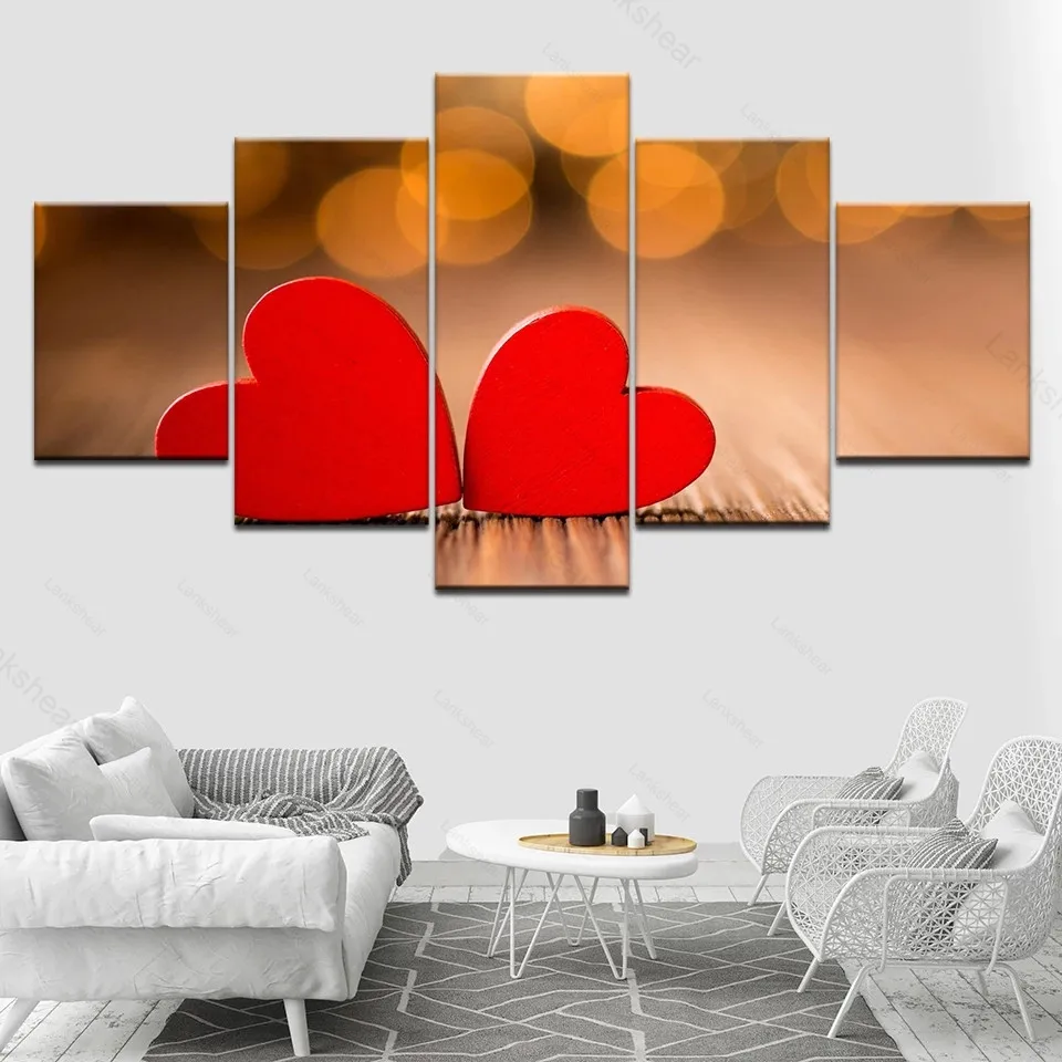 Картины на холсте 5 шт. картины любви Hd-принты обои с двумя красными сердцами
