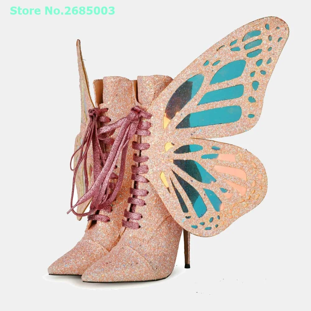 

Butterfly Wings Bling Ankle Boots Pointed Toe Lace Up Thin High Heel Cross Tied Fashion Ladies Autume Spring Party Boots Shoes