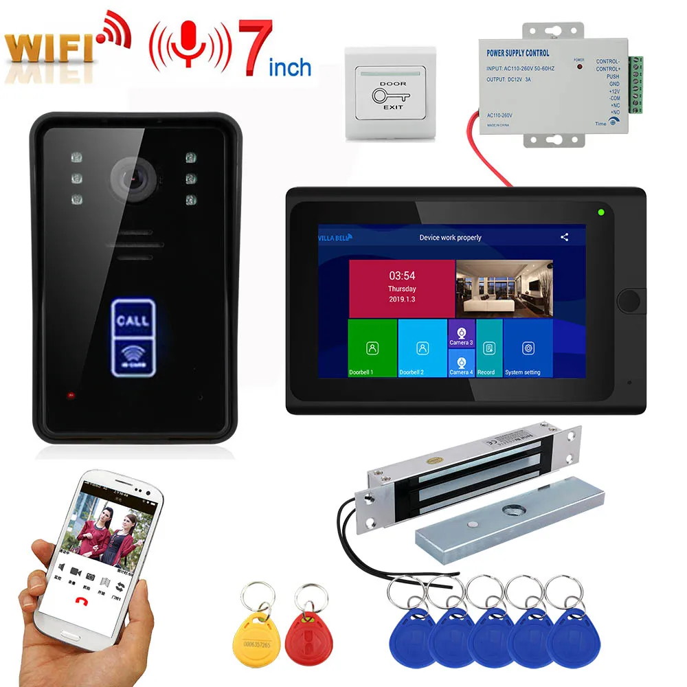 

7inch Wireless Wifi RFID Video Door Phone Doorbell Intercom Entry System with 280kg 600BL Mortise Mount Door Magnetic Lock