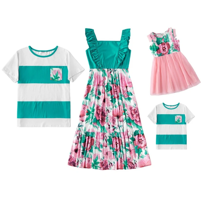 

Summer Family Matching Outfits Parent-child Clothes Mother Daughter Kids Girl Dresses Father Son Short-sleeved Striped T-shirt