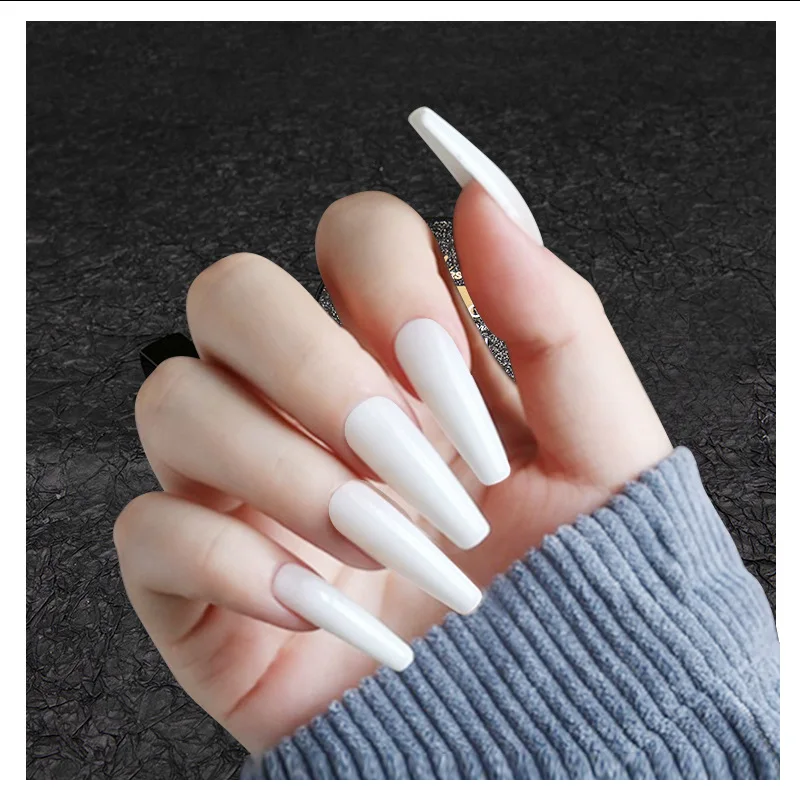 

24pcs Nude Pink Clear Clouds Ballerina Diamond Long Glossy Coffin Fake Nails Press on Nail False Tips Manicure for Women Girls
