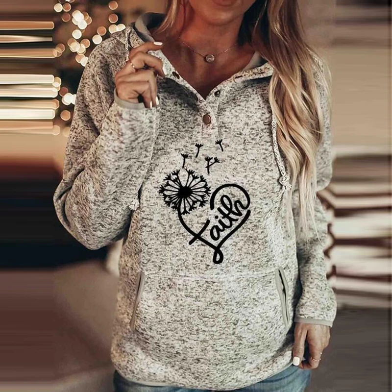 

Vintage Button Letter Print Hooded Sweatshirt Fashion Women Pocket Hoodie Pullover Tops Autumn Long Sleeve Drawstring Streetwear