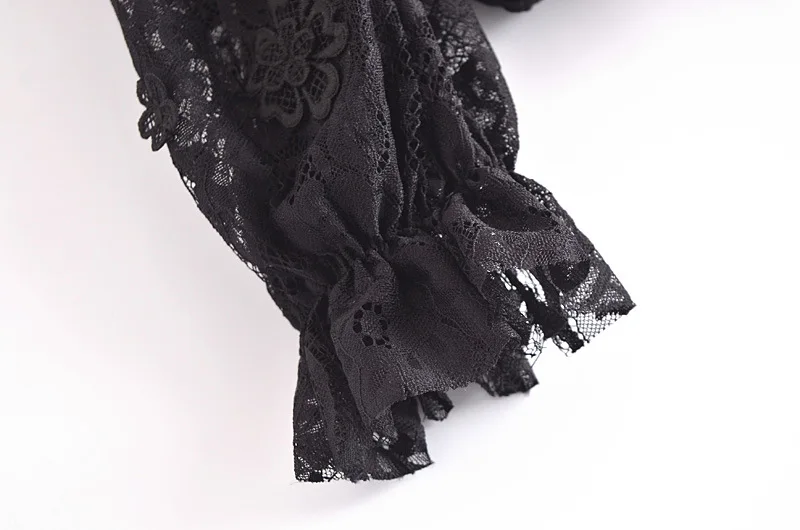 

2021 Chiffon Lace Sexy Up Off Shoulder Crop Top Ruffles Fashion Women Black Blouses Black Daisy Embroidered Puff Sleeve Shirts