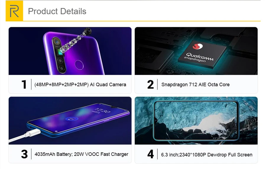 OPPO Realme Q 6,3 ''Dewdrop 4/6/8GB Оперативная память 64/128 ГБ Встроенная память Snapdragon 712 Octa Core 48MP Камера 20 Вт быстрой зарядки 4035 мА/ч, мобильный телефон