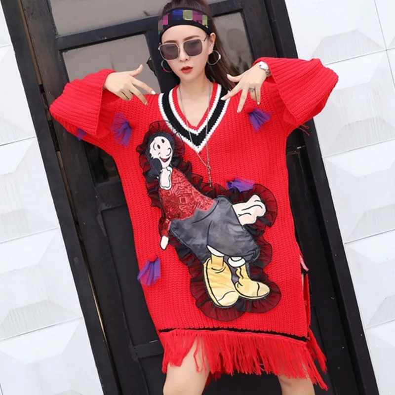 Трикотажное платье-свитер MUMUZI с V-образным вырезом женское милое Сетчатое платье