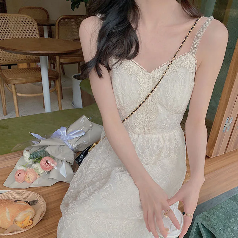 Elegant Midi Strap Dress Female Evening Party Design One Piece Dresses Korean 2021 Summer Women Casual Lace Beach Solid Dress