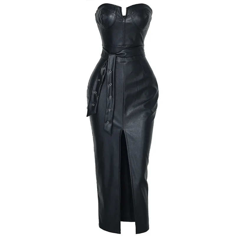 Summer Open Back PU Leather Dress Ladies High Split Black Tight Party Sexy Nightclub Wear Low-Cut | Женская одежда