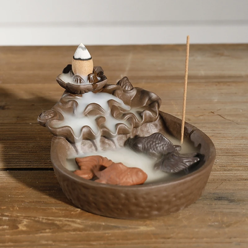Fish Lotus Backflow Incense Burner Chinese Censer Holder Zen Buddhist Crafts for Home Office Tea House Decoration