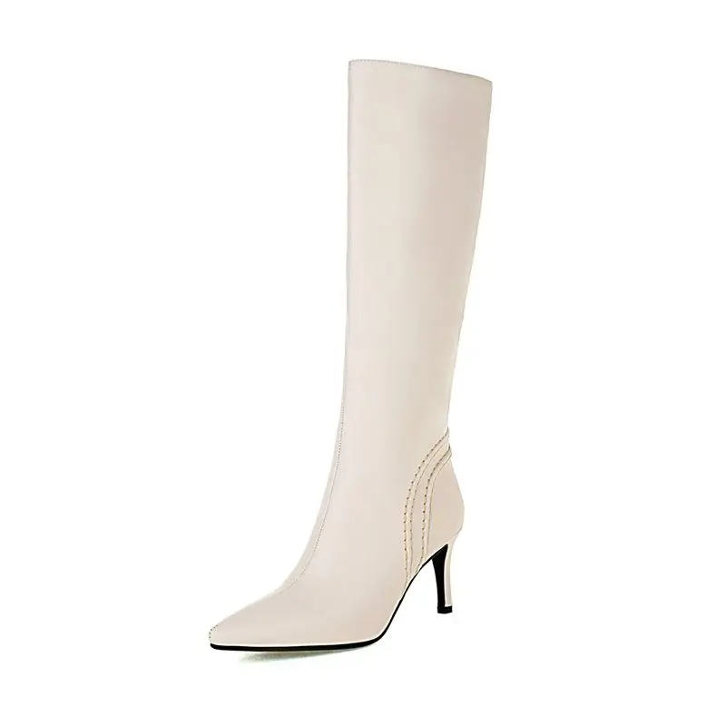 

8cm Thin Heel Knee High Boots Women Sexy Lady Pointed Toe Sewing Shoes 2021 Autumn Winter Black White Zipper Design Fashion Boot