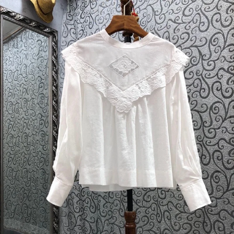 100%Cotton Women's Blouse 2021 Autumn Winter Tops Ladies Hollow Out Embroidery Long Sleeve White Green Black Casual Tops Blusa
