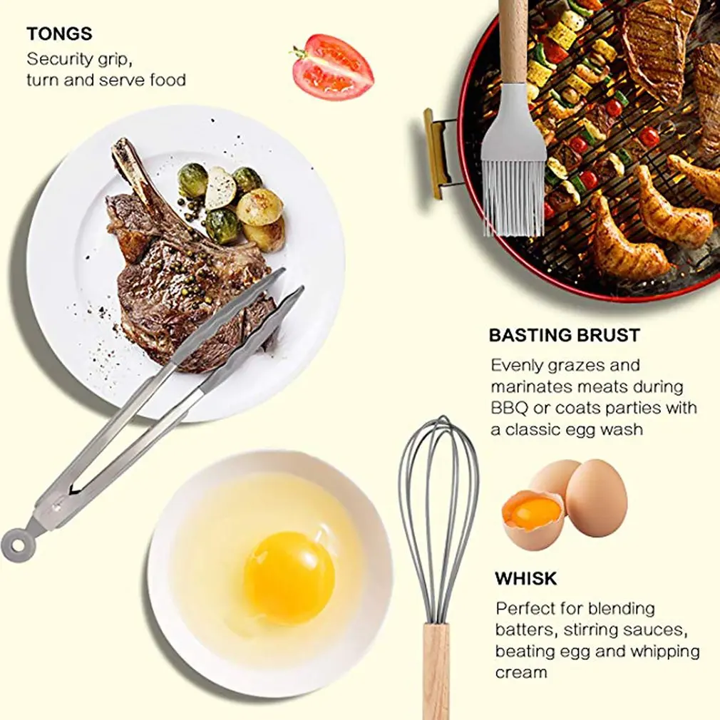 Набор из 11 силиконовых кухонных принадлежностей с деревянной ручкой