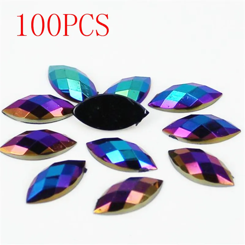 

Hot Sale 100Pieces Flat Back Marquise Earth Facets Crystal black AB Acrylic Horse eye Shape Rhinestone nail Decorate Nail art