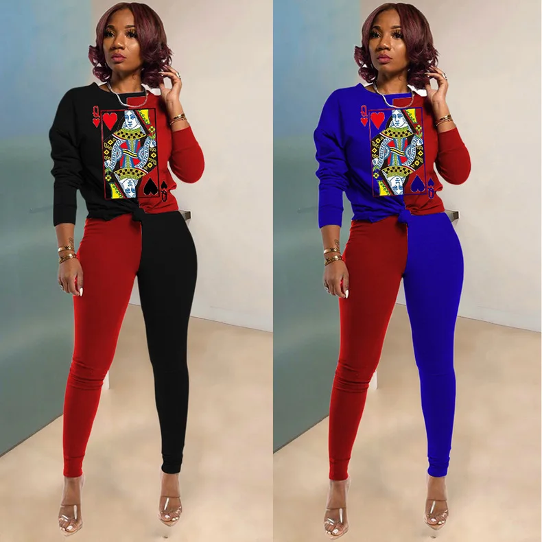Женский спортивный костюм размера плюс из 2 предметов с принтом карты покера