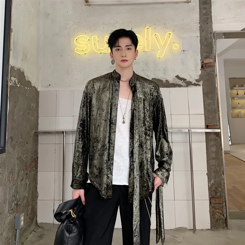 Рубашка кимоно мужская с длинным рукавом блестящая бархатная блуза лентами