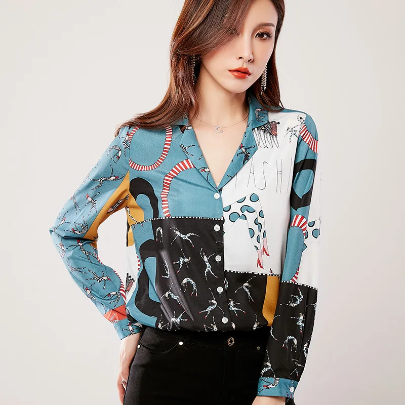 

autumn 2021 new style women blouse fashion Contrast color printing ladies long sleeved shirt causal feminine chiffon clothing