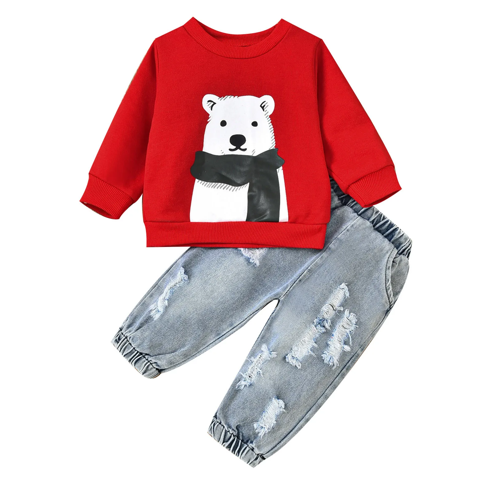 

Children Boys Clothes Set Baby Boys Girls Christmas Xmas Bear Printed Tops Sweatshirts+Denim Pants Outfits roupa infantil menina