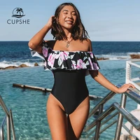 cupshe off the shoulder ruffled one piece swimsuit sexy black floral women monokini 2021 new girls beach bathing suits swimwear