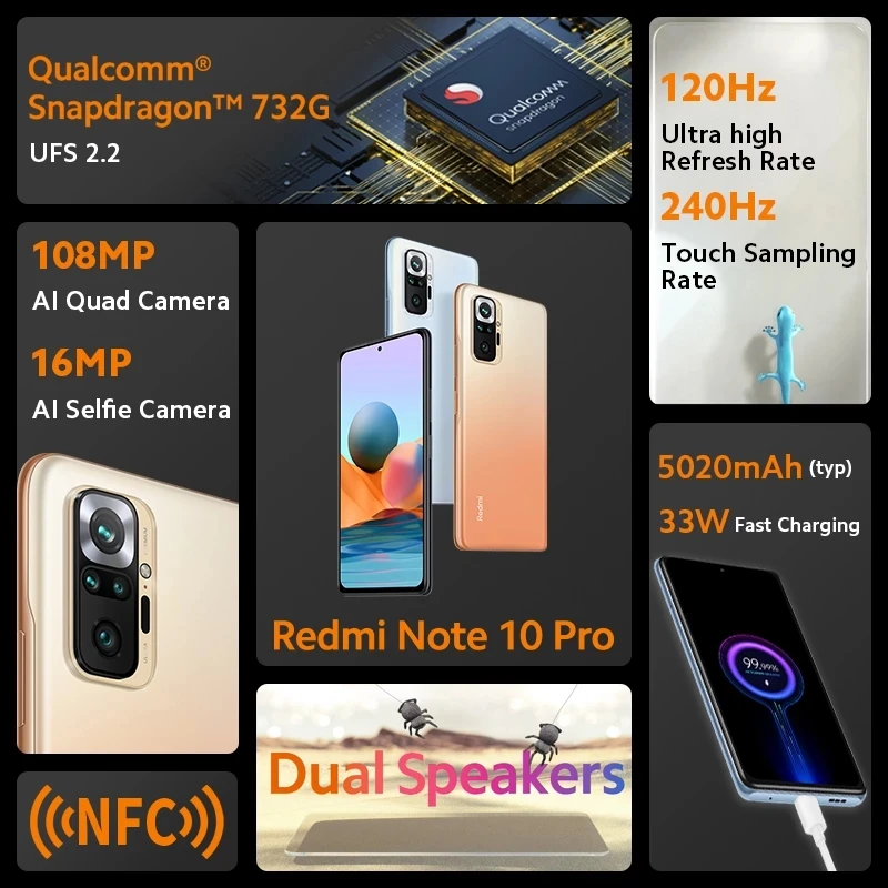 Redmi Note 10 Pro глобальная версия 6 + 64/128 8 128 Xiaomi смартфон 108MP камера Snapdragon 732G 120 Гц