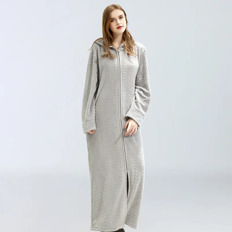 

women's and men's Hooded nightgown flannel bathrobe zipper one-piece home clothes warm pajamas sleepwear robe autumn winter