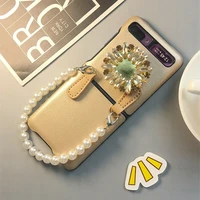 for samsung galaxy z flip 4g 5g 3 flip3 luxury bling diamond mirror bracelet portable pearl hand chain gold leather case cover