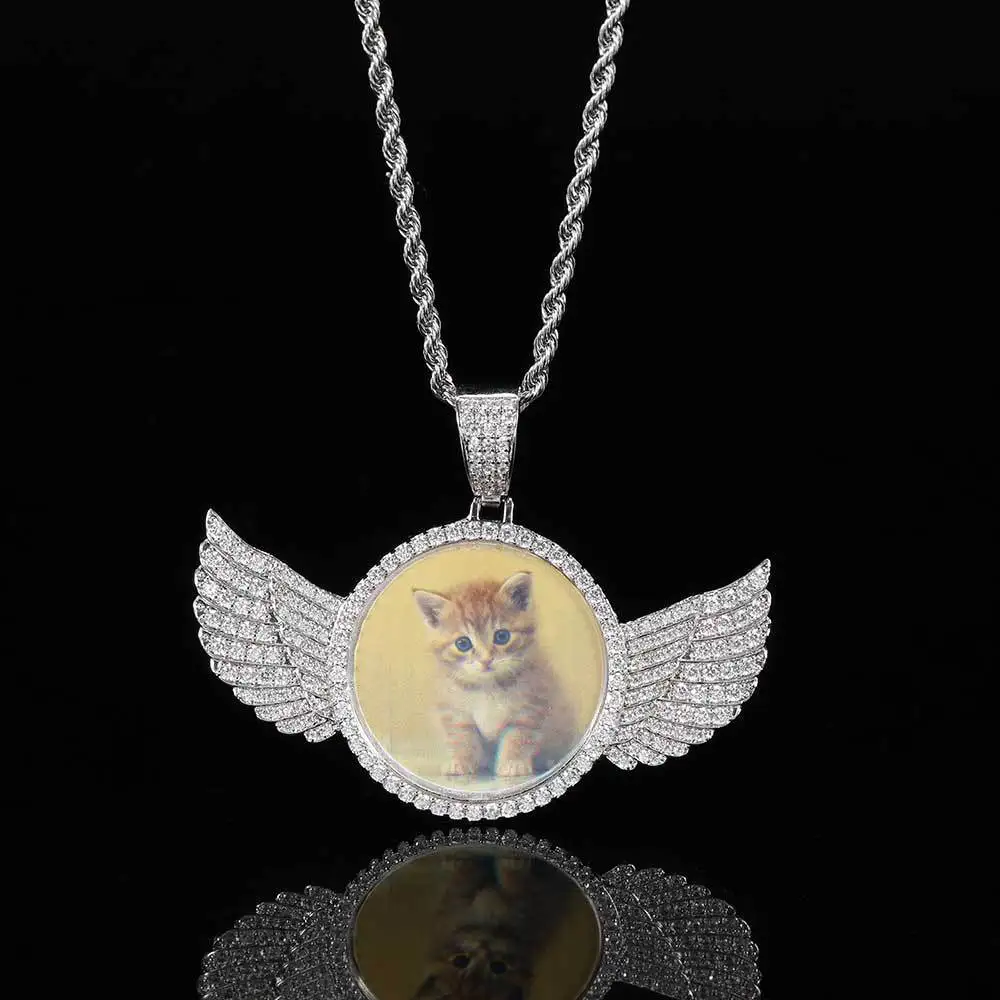 

Fashion Classic DIY Memory Photo Angel Wing Pet Necklace High Quality Design Copper Diamond Rhinestone Hip Hop Pendant Jewelry