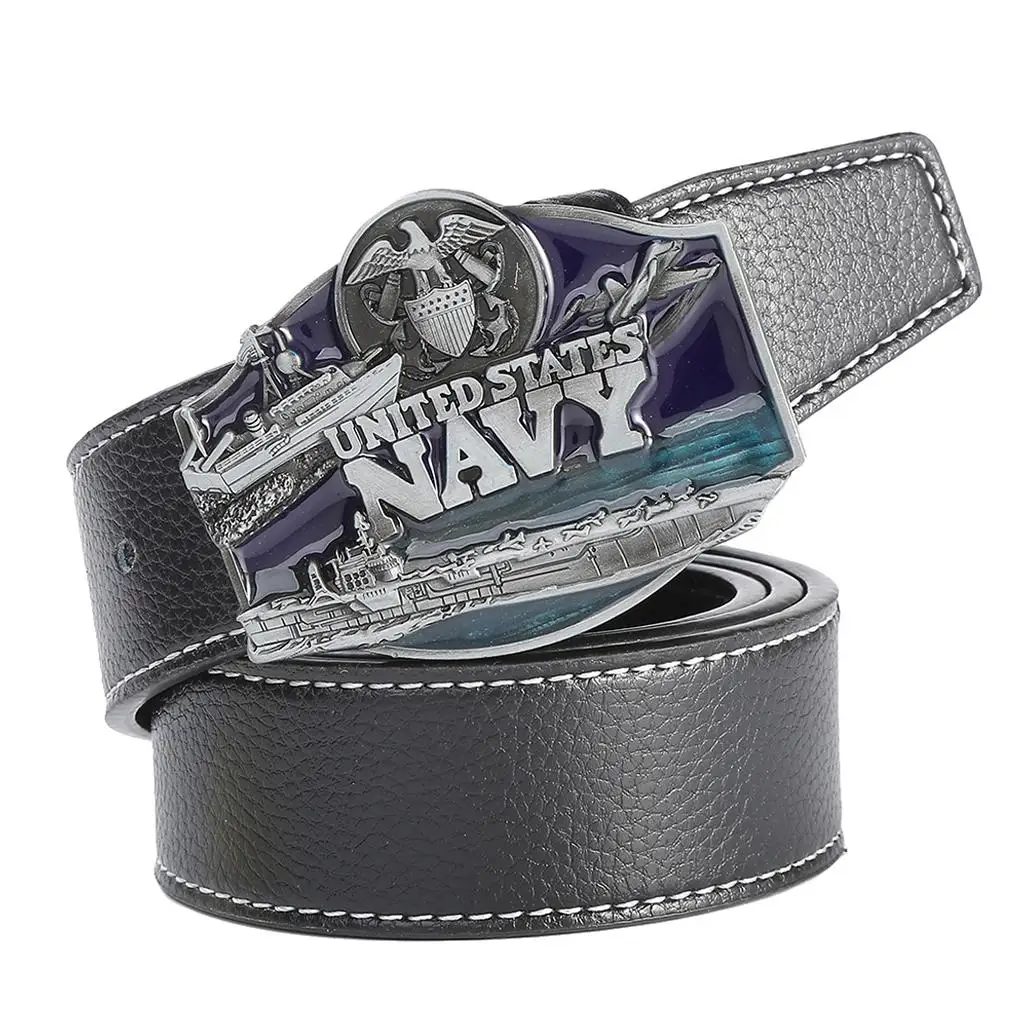 

Men's Leather Belt Metal Buckle Navy Pattern Western Cowboy Style Belt Strap