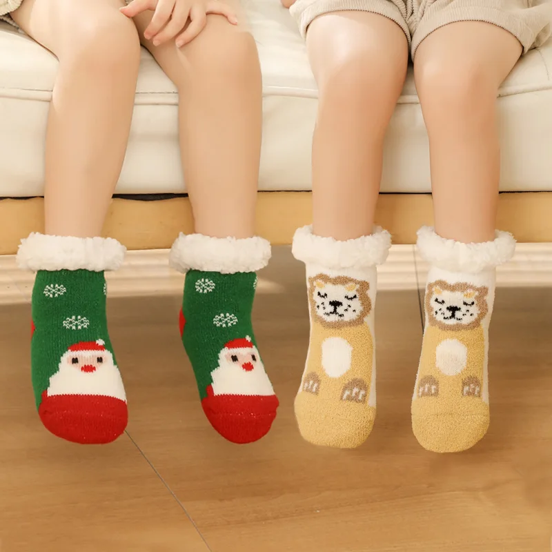 Autumn Winter Baby Children Thermal Extra Thick with Fleece Toddler Baby Socks Sleep Socks Non-Slip Sole Room Christmas Socks
