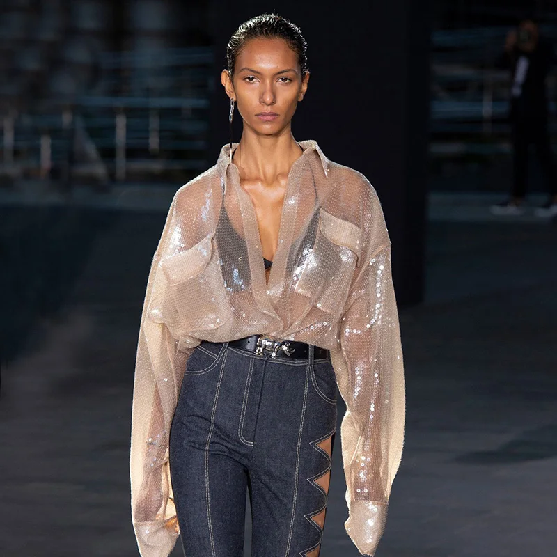 Fashion Week Champagne Sequin Glitter See-Through Clothes Luxury Design Transparent Yarn Blouse Mesh Sheer Pocket Shirt Women | Женская