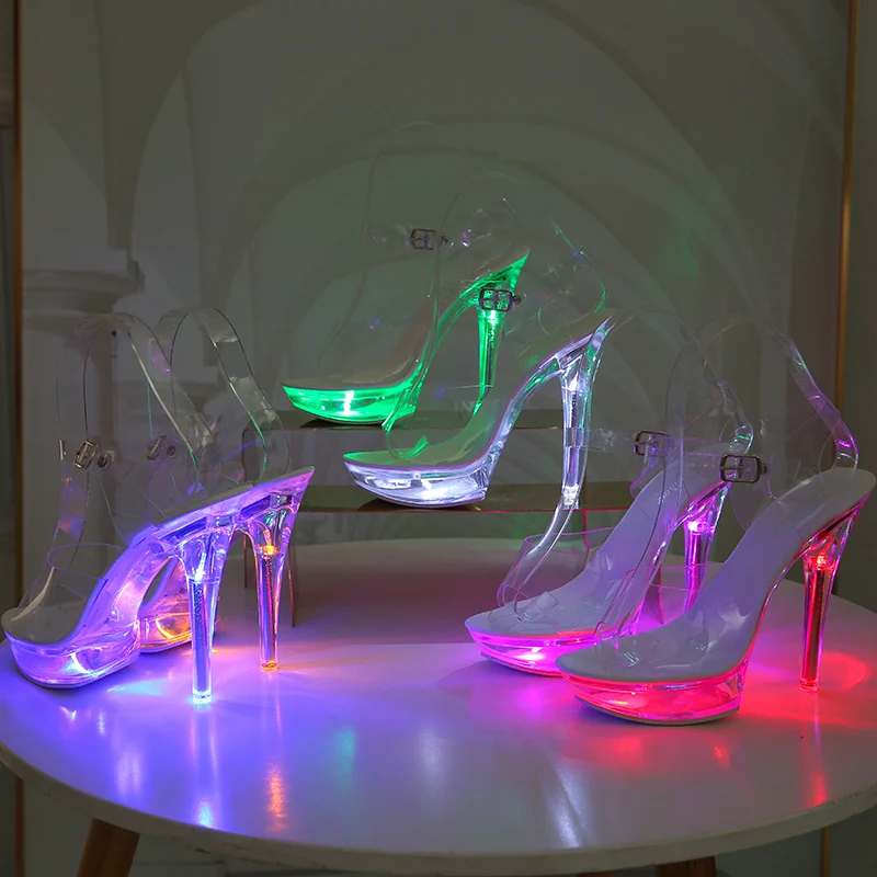 

Flash Clear Crystal Platform Sandals 13CM High Stripper Heeled Pole Dance Shoes Luminescence Party Dress 3 Inches Sexy Fetish