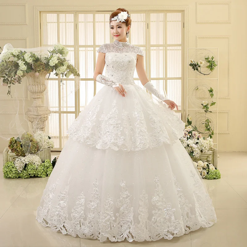 

2021 New Wedding Dress Large Size Fat Mm Bride Wedding Dress Stand Collar Short Sleeve Ground Fashion Slim Out Dress