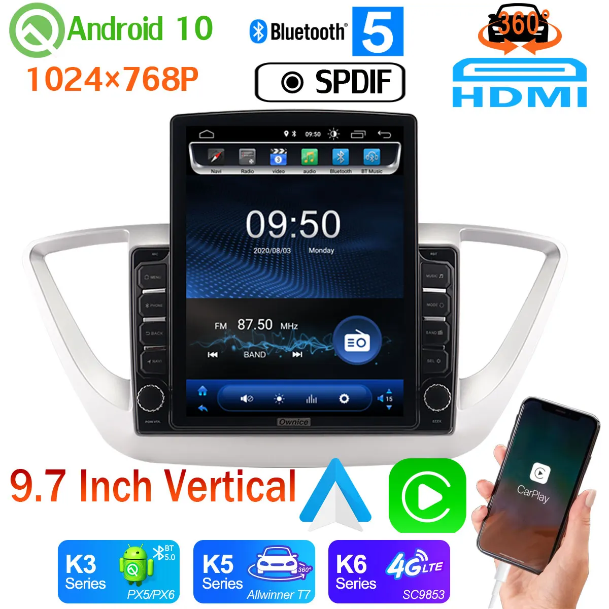 9 7 &quotвертикальный Android 10 PX6 4G + 64G для Hyundai Verna Solaris Accent 2016-2019 GPS навигация радио 360 4