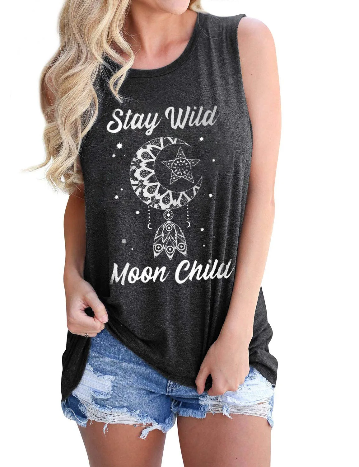 

Z108 Summer Ladies Vest Top Print Stay Wild Moon Child Round Neck Sleeveless T-shirt