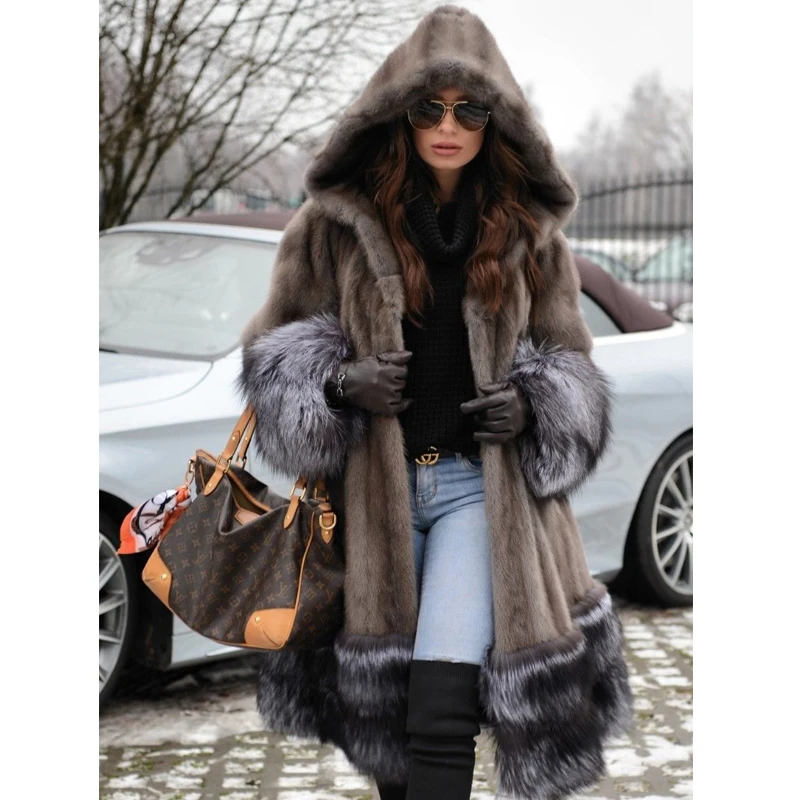 

100cm Long Natural Mink Fur Coats with Hood 2021 Winter Fashion Genuine Mink Fur Coat Splicing Silver Fox Fur Overcoats Luxury