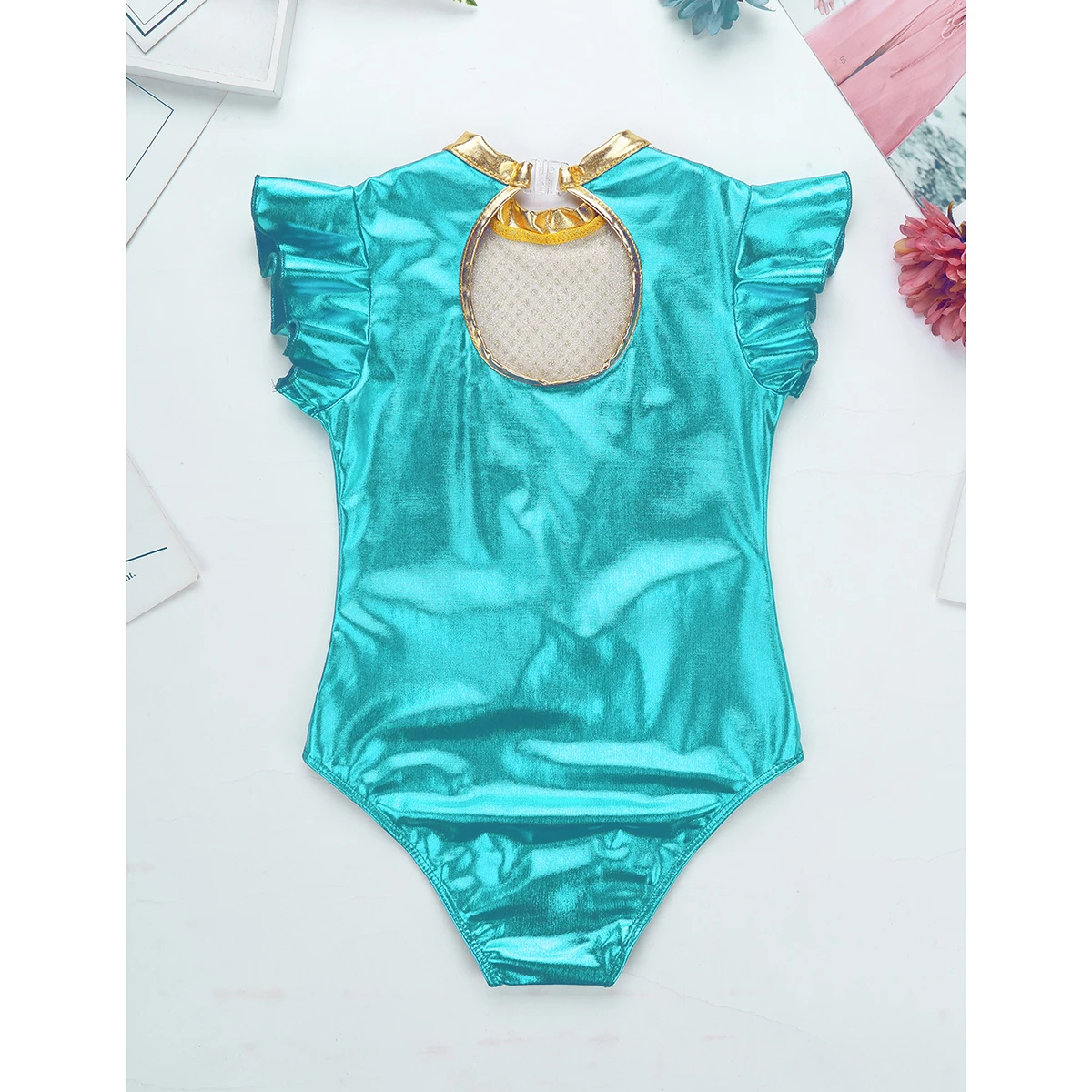 Kids Girls Short Flutter Sleeves Metallic Sparkly Sequins Ballet Gymnastics Leotard Jumpsuit Showman Performance Dance Costume |