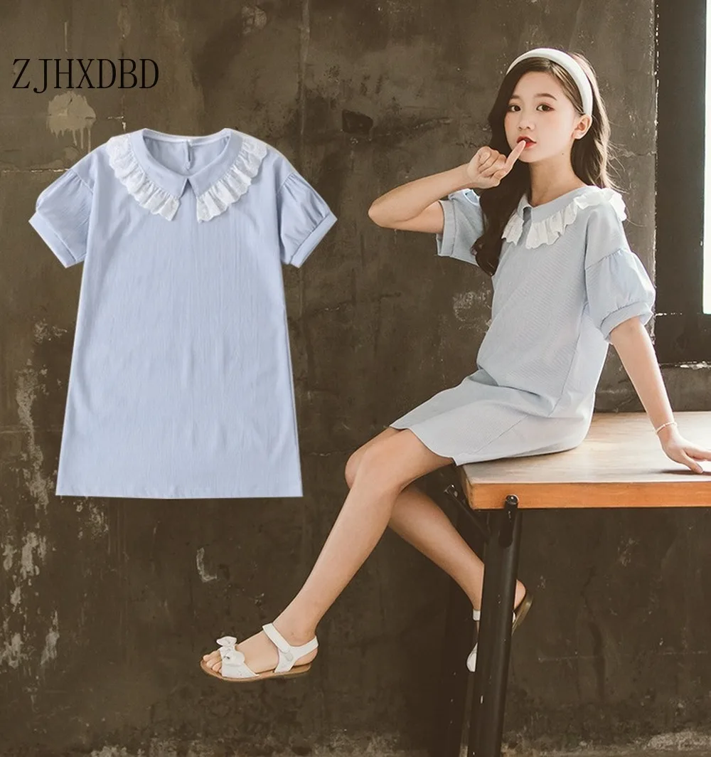 Платье для девочек Лето 2020 Корейская иностранная синяя однотонная Повседневная