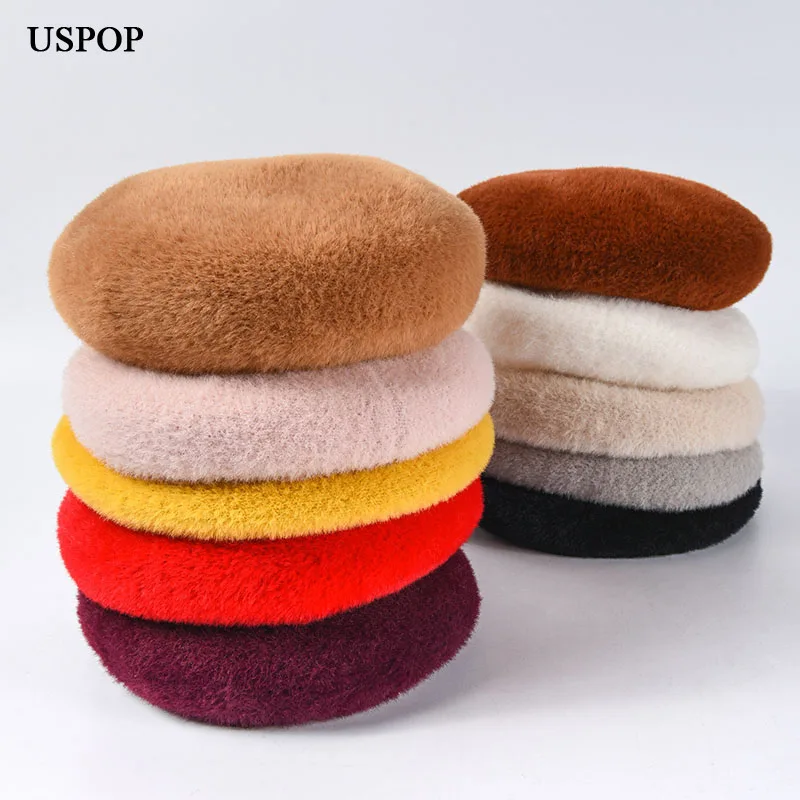 Женский Бархатный берет USPOP однотонный толстый теплый Регулируемый зимняя шапка