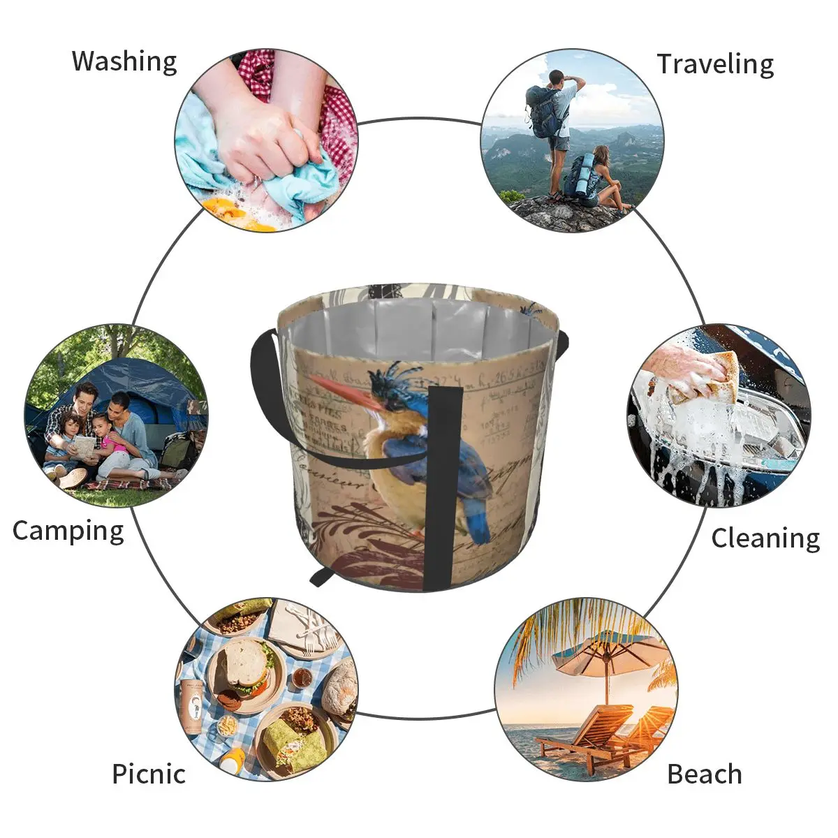 

Paris Bird And Eiffel Tower Portable Bucket Water Storage Bag Ice Storage Bag Waterproof Water bag Fishing Folding Bucket