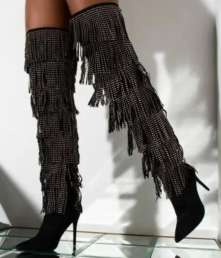 

Free Shipping Woman Sexy Black Sliver Rhinestone Tassel Over The Knee Boots Pointed Toe 120 mm Thin Heels Thigh Long Boots Shoes