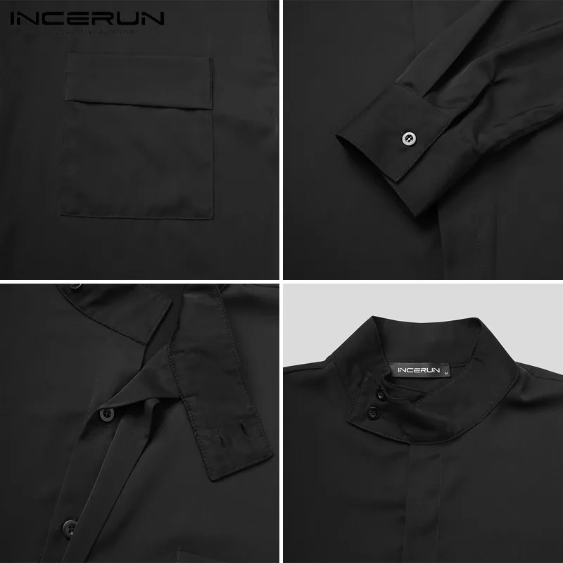

INCERUN Men Casual Shirt Stand Collar Fashion Tops Long Sleeve Solid Color Korean Style Shirts Button Chic Streetwear Camisas