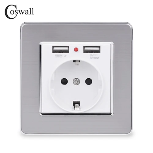 White Coswall, двойной usb порт для зарядки, 5 В, 2,1 А, светодиодный индикатор, 16А, настенная розетка европейского стандарта, панель из нержавеющей стали, серый, черный, белый, золотой - Тип: White
