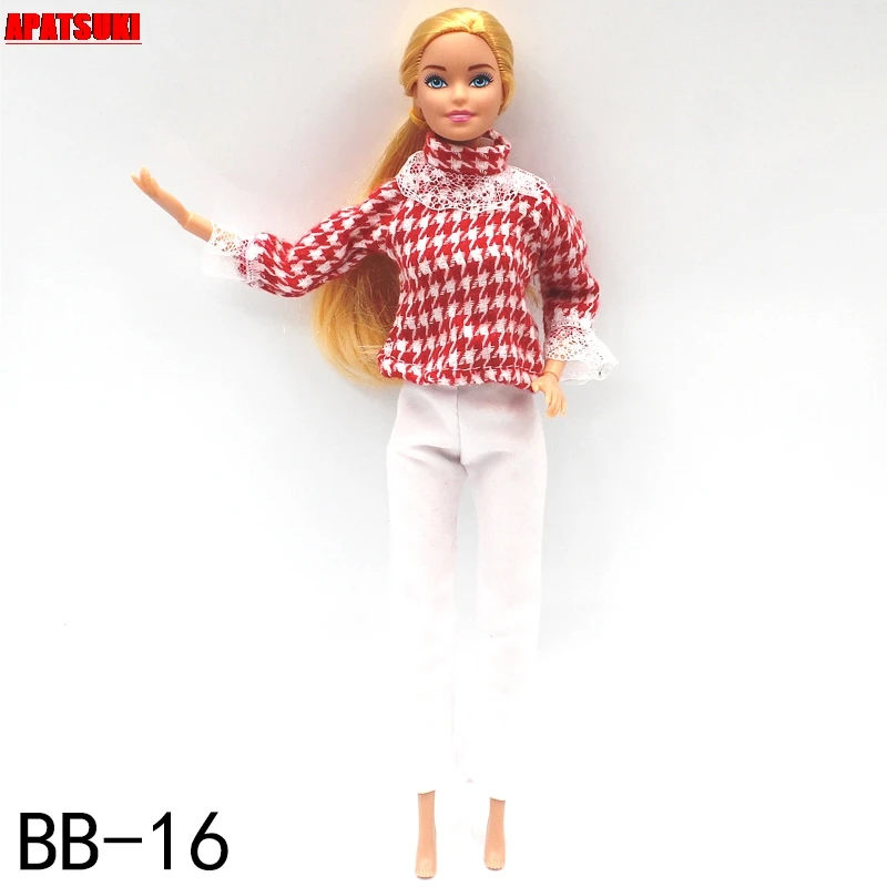 

Fashion Doll Clothes For Barbie Doll Outfits Set 1/6 Dolls Accessories Red Houndstooth Shirt Top & White Pants Kid Toys