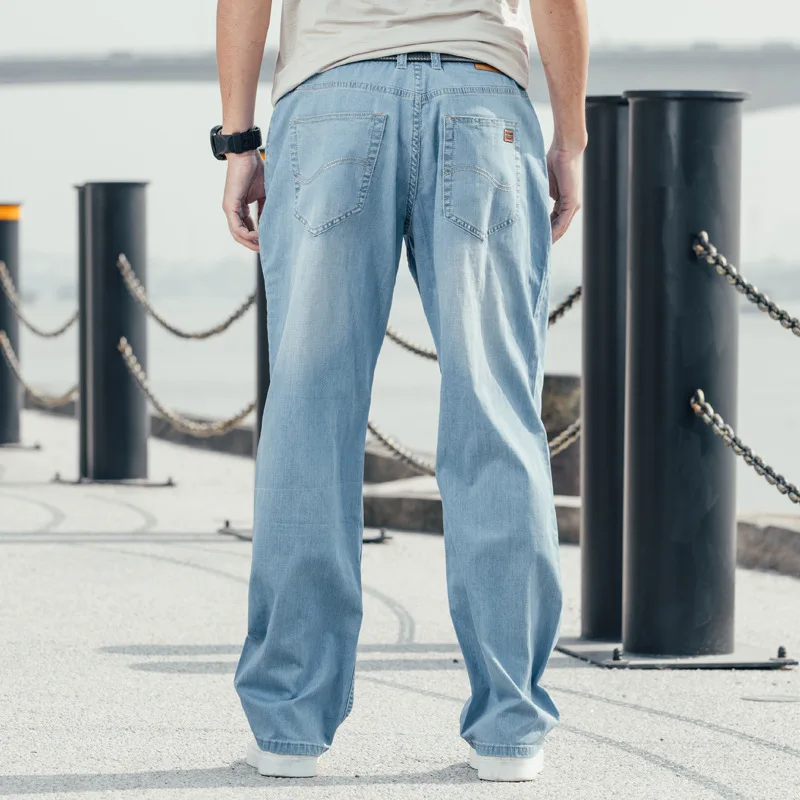 Summer Thin Section Men Jeans Loose Baggy Large Size Hip Hop Wide Leg Denim Pants Wear-Resistant Elastic Straight Blue Trousers