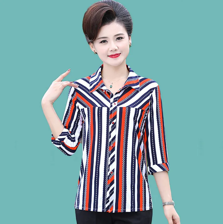 

Three Quarter Shirt Middle Age Women Summer Blouse Stripe Printed Stretch Mother Tops