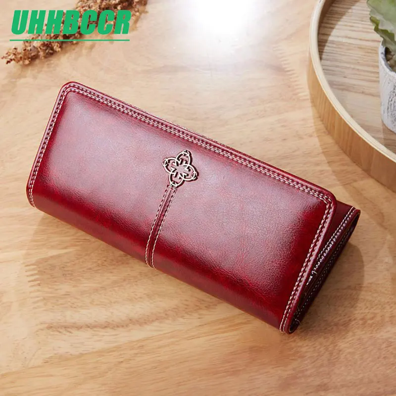 

2021 New Women's Wallet Wax Oil Skin Wallet Money Bag Lady's purse Leather Bag Wallet Card Holder Portable