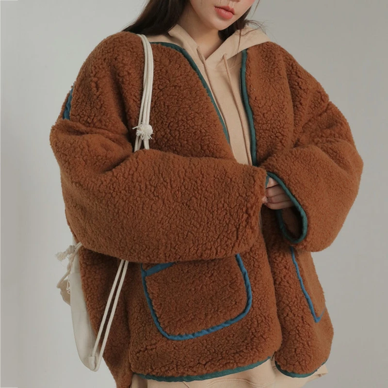 RICININA женское плюшевое пальто зимняя куртка негабаритный карман пэчворк шерсть