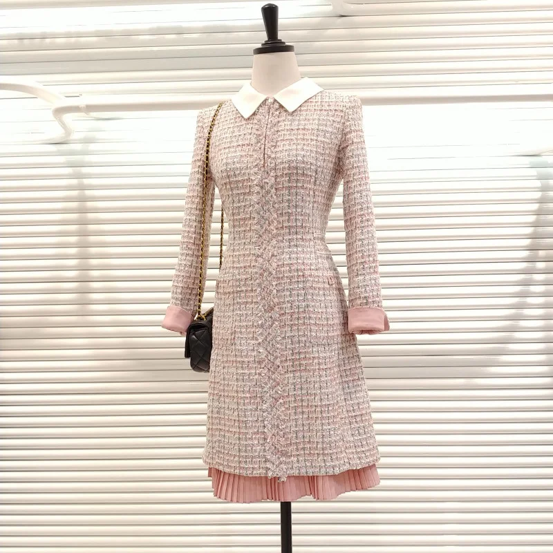 

Autumn and winter small man waist closing temperament tweed light luxury tassel dress 2021 new pleated stitching skirt