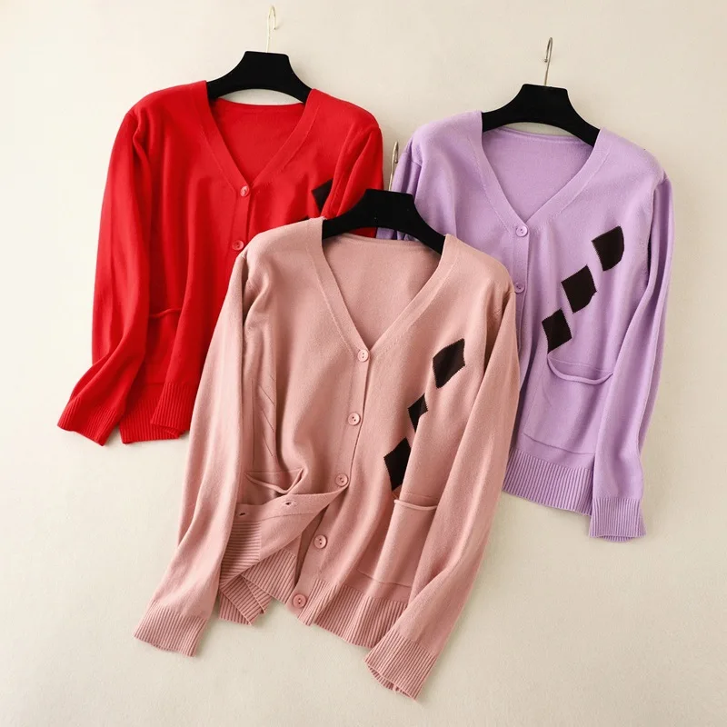 

Вязаный свитер, кардиган для женщин, Осень-зима 2021, корейский Свободный плотный свитер с длинными рукавами и ромбовидной решеткой, пальто, ж...